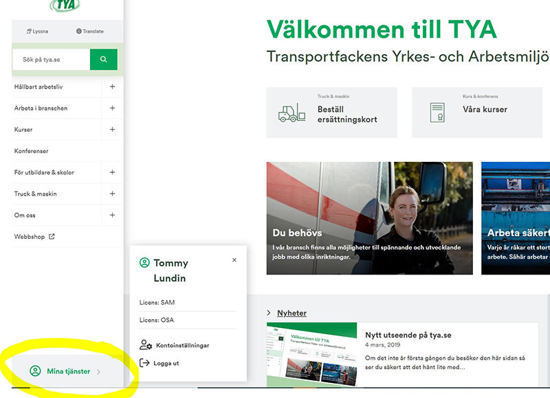 Inloggning via Mina sidor på TYA.se